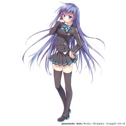 Rule 34 | 10s, 1girl, ange vierge, blazer, blue eyes, blue hair, bow, bowtie, breasts, company connection, copyright name, full body, grey thighhighs, hair ornament, hairclip, hands on own hips, jacket, long hair, long sleeves, medium breasts, official art, pleated skirt, ryouka (suzuya), shoes, simple background, skirt, solo, sougetsu saya, standing, thighhighs, white background, zettai ryouiki