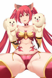 Rule 34 | 1girl, absurdres, animal ears, aori sora, ass, bikini, breasts, cameltoe, cerberus (shingeki no bahamut), choker, dog ears, ear piercing, from below, hand puppet, highres, long hair, looking at viewer, medium breasts, navel, open mouth, piercing, puppet, red bikini, red eyes, red hair, shingeki no bahamut, shingeki no bahamut: genesis, side-tie bikini bottom, simple background, solo, spread legs, strapless, swimsuit, thighhighs, twintails, very long hair, white background