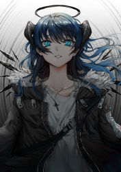 Rule 34 | 1girl, absurdres, arknights, atagumo yuba, bad id, bad pixiv id, black jacket, blue eyes, blue hair, collarbone, fur-trimmed jacket, fur trim, gradient background, grin, hair between eyes, halo, highres, horns, jacket, jewelry, long hair, long sleeves, looking at viewer, mostima (arknights), necklace, open clothes, open jacket, shirt, slit pupils, smile, solo, strap, teeth, upper body, white shirt