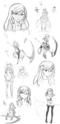 Rule 34 | 1girl, absurdres, bare shoulders, bubble skirt, character sheet, detached sleeves, dress, greyscale, hair ornament, hairclip, highres, long hair, magical girl, monochrome, oniro, original, pantyhose, pas (paxiti), pinky (oniro), puffy sleeves, scythe, short dress, skirt, solo, thighhighs