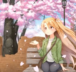 Rule 34 | 1girl, ame., arm support, azur lane, bag, bench, black pants, blue sky, blush, breasts, brick wall, broken wall, building, cherry blossoms, cleveland (azur lane), cloud, commentary request, day, denim, green jacket, hair between eyes, hand up, jacket, jeans, lamppost, light brown hair, long hair, long sleeves, looking away, on bench, one side up, open clothes, open jacket, outdoors, pants, parted lips, red eyes, shirt, shoulder bag, sitting, sky, sleeves rolled up, small breasts, solo, tree, very long hair, white shirt, window