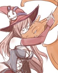Rule 34 | 1girl, breasts, charizard, cleavage, corset, creatures (company), crossover, elbow gloves, closed eyes, fingerless gloves, game freak, gen 1 pokemon, gloves, hat, hug, imageepoch, large breasts, long hair, lowres, luminous arc, nintendo, pink hair, pokemon, pokemon (creature), simonadventure, vanessa (luminous arc), witch, witch hat