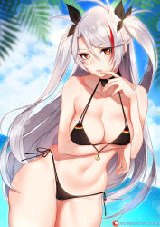 Rule 34 | 1girl, alternate costume, arm support, arm under breasts, arm up, azur lane, bikini, bikini tug, black bikini, black choker, blurry, blurry background, blush, breasts, brown eyes, cameltoe, choker, cleavage, collarbone, commentary, cowboy shot, cross, cross earrings, curvy, day, earrings, eyes visible through hair, finger to mouth, flag print, german flag bikini, groin, hair between eyes, head tilt, jewelry, large breasts, leaning forward, light particles, long hair, looking at viewer, mole, mole on breast, multicolored hair, navel, ocean, outdoors, palm leaf, patreon username, prinz eugen (azur lane), prinz eugen (unfading smile) (azur lane), red hair, side-tie bikini bottom, silver hair, skindentation, solo, sparkle, stomach, streaked hair, swimsuit, thighs, tofuubear, two side up, very long hair