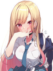 Rule 34 | 1girl, amagasa nadame, bag, black choker, blonde hair, blue necktie, blue skirt, blush, breasts, choker, closed mouth, collared shirt, commentary, ear piercing, earrings, fingernails, front-tie top, hand up, highres, jewelry, kitagawa marin, long fingernails, long hair, looking at viewer, medium breasts, nail polish, necktie, piercing, pink nails, pleated skirt, red eyes, school bag, school uniform, sharp fingernails, shirt, short sleeves, signature, simple background, skirt, solo, sono bisque doll wa koi wo suru, tied shirt, very long hair, white background, white shirt