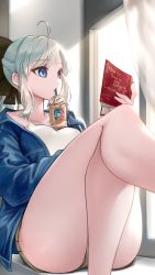 Rule 34 | ahoge, aqua hair, blue eyes, blue jacket, book, bow, breasts, crossed knees, curtains, drinking, drinking straw, fate/grand order, fate (series), frappuccino, hair ornament, highres, holding, holding book, jacket, knees up, morgan le fay (fate), ponytail, reading, short hair, sitting, solo, somebody (leiking00), tank top, white tank top, window, windowsill