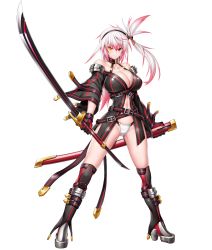 Rule 34 | 1girl, absurdres, asahi, bare shoulders, boots, breasts, cleavage, closed mouth, collarbone, curvy, fuuma aki, gloves, halterneck, heterochromia, highleg, highleg panties, highres, holding, holding weapon, huge breasts, katana, lilith-soft, multicolored hair, navel, official art, panties, pink hair, serious, sheath, shiny skin, simple background, solo, standing, stomach, sword, taimanin (series), taimanin asagi kessen arena, taimanin rpgx, underwear, weapon, white background, white hair
