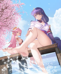 Rule 34 | 2girls, animal ears, bare legs, barefoot, breasts, cherry blossoms, cleavage, closed mouth, earrings, feet, floppy ears, foot focus, foot out of frame, foreshortening, fox ears, genshin impact, highres, japanese clothes, jewelry, large breasts, long hair, looking at viewer, low-braided long hair, low-tied long hair, multiple girls, purple eyes, purple hair, raiden shogun, smile, toes, water, wet, yae miko, zzo (chorizzzzo)