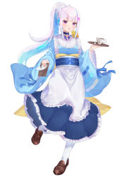 Rule 34 | 1girl, :o, absurdres, animal, animal on shoulder, apron, blue hair, blue kimono, blue skirt, blunt bangs, blush, brown footwear, colored inner hair, commentary request, cup, frilled apron, frilled skirt, frills, full body, hair ornament, highres, holding, holding tray, japanese clothes, kimono, lize helesta, loafers, long hair, long sleeves, looking at viewer, maid, multicolored hair, nenehotoso, nijisanji, notepad, obi, pantyhose, ponytail, purple eyes, sash, sebastian piyodore, shoes, sidelocks, silver hair, simple background, skirt, solo, standing, standing on one leg, tray, very long hair, virtual youtuber, wa maid, white apron, white background, white pantyhose, wide sleeves