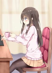Rule 34 | 1girl, animal print, black pantyhose, blue eyes, blurry, blurry background, blush, breasts, brown hair, chair, coffee mug, concentrating, cup, curtains, desk, drawing, drawing tablet, from side, highres, holding, holding cup, indoors, light particles, long hair, long sleeves, medium breasts, miniskirt, motion lines, mug, open mouth, original, pantyhose, pink sweater, pleated skirt, rabbit print, rong yi tan, sitting, skirt, solo, stylus, sweater, thighband pantyhose, trembling, yellow skirt