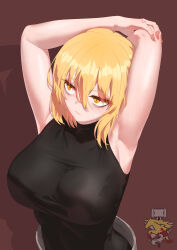 Rule 34 | 1girl, absurdres, armpits, arms up, bags under eyes, black shirt, blonde hair, breasts, don quixote (project moon), emblem, highres, large breasts, limbus company, project moon, shadow, shirt, sideways glance, simple background, sleeveless, sleeveless shirt, solo, stretching, sushispin, sweat, yellow eyes