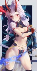Rule 34 | 1girl, absurdres, armor, asymmetrical gloves, bad id, bad pixiv id, bikini, blue fire, blue gloves, border, breasts, cleavage, cleavage cutout, clothing cutout, dual wielding, fate/grand order, fate (series), fire, flaming sword, flaming weapon, gloves, grey border, hair ribbon, highres, holding, holding sword, holding weapon, horns, huge filesize, japanese armor, jing yang junior, katana, kote, large breasts, long hair, low-tied long hair, midriff, mismatched gloves, navel, oni horns, ponytail, purple bikini, red eyes, red gloves, red horns, red ribbon, ribbon, scabbard, see-through, sheath, short sleeves, silver hair, solo, swimsuit, sword, tomoe gozen (fate), tomoe gozen (swimsuit saber) (fate), tomoe gozen (swimsuit saber) (third ascension) (fate), waist cape, weapon