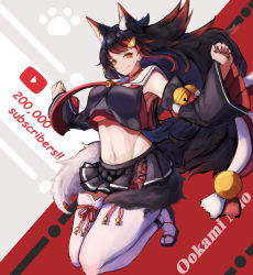 Rule 34 | 1girl, absurdres, animal ears, bell, black hair, character name, choker, detached sleeves, english text, hair ornament, hairclip, highres, hololive, huge filesize, inre kemomimi, midriff, miniskirt, multicolored hair, ookami mio, ookami mio (1st costume), sailor collar, side slit, skirt, slippers, smile, solo, streaked hair, tail, tail wrap, thighhighs, virtual youtuber, wolf ears, wolf girl, wolf tail, yellow eyes, youtube logo