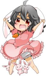 Rule 34 | 1girl, :3, ahoge, animal ears, arms up, bad id, bad pixiv id, barefoot, berry jou, black hair, bloomers, blush, carrot, carrot necklace, chibi, dress, fang, female focus, hand on own ear, inaba tewi, jewelry, necklace, open mouth, pink dress, puffy sleeves, pulling own ear, rabbit, rabbit ears, red eyes, short sleeves, smile, solo, touhou, underwear