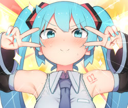 Rule 34 | 1girl, abmayo, aqua eyes, aqua hair, armpits, bare shoulders, black sleeves, blue necktie, blush, commentary, detached sleeves, double v, emotional engine - full drive, fate (series), grey shirt, hair ornament, hands up, hatsune miku, highres, long hair, looking at viewer, necktie, shirt, shoulder tattoo, sleeveless, sleeveless shirt, smile, solo, sparkle, sunburst, sunburst background, sweat, tattoo, twintails, upper body, v, v-shaped eyebrows, vocaloid