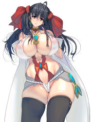 Rule 34 | 1girl, bare shoulders, black hair, black thighhighs, braid, breasts, brown eyes, choker, cleavage, commentary request, curvy, earrings, heart, highres, huge breasts, jewelry, kouno (masao), long hair, looking at viewer, navel, nipples, original, revealing clothes, see-through, simple background, skindentation, solo, thick thighs, thighhighs, thighs, white background, wide hips