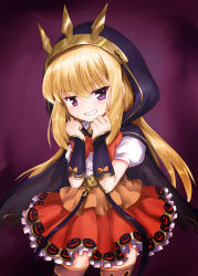 Rule 34 | 10s, 1girl, blonde hair, bow, cagliostro (granblue fantasy), cagliostro (halloween) (granblue fantasy), cape, crown, gauntlets, granblue fantasy, grin, halloween, halloween costume, hood, looking at viewer, marugoshi (54burger), puffy short sleeves, puffy sleeves, purple eyes, shirt, short sleeves, skirt, smile, solo, thighhighs, zettai ryouiki