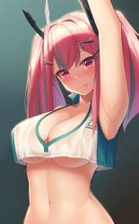 Rule 34 | 1girl, absurdres, armpits, arms up, azur lane, black background, blush, breasts, bremerton (azur lane), bremerton (scorching-hot training) (azur lane), cleavage, commentary, crop top, crop top overhang, gradient background, green background, grey hair, hair between eyes, hair ornament, hairclip, head tilt, highres, large breasts, long hair, milk box (leoleo963852741), mole, mole under eye, multicolored hair, navel, no bra, nose blush, pink hair, see-through, shiny skin, shirt, sleeveless, sleeveless shirt, sportswear, streaked hair, tennis uniform, tongue, tongue out, twintails, two-tone shirt, underboob, upper body, x hair ornament