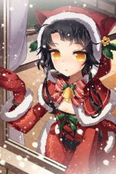 Rule 34 | 1girl, bell, black hair, blush, bow, christmas, dress, flat chest, gloves, lowres, open mouth, outstretched arm, red gloves, santa costume, sita vilosa, snow, solo, ssol, sword girls, yellow eyes