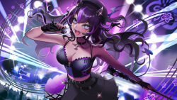 Rule 34 | 1girl, arm tattoo, armpits, belt, beret, black belt, black bow, black collar, black gloves, black hat, black skirt, black wings, bloom (vtuber), bodice, bow, braid, breasts, cane, chain, choker, cleavage, collar, commission, concert, crowd, demon girl, demon horns, demon tail, demon wings, fingerless gloves, flower-shaped pupils, flower choker, gloves, hair bow, hat, heart, highres, holding, holding cane, holding microphone, horns, indie virtual youtuber, medium breasts, microphone, multicolored hair, open mouth, purple eyes, purple hair, skirt, solo, streaked hair, symbol-shaped pupils, tail, tattoo, two-tone hair, virtual youtuber, wings, yuarima2