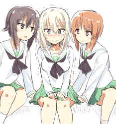Rule 34 | 3girls, black neckerchief, blouse, blush, brown eyes, brown hair, closed mouth, commentary, girl sandwich, girls und panzer, green skirt, hands on lap, hatsukaze33, itsumi erika, leaning to the side, long sleeves, looking at another, medium hair, miniskirt, multiple girls, neckerchief, nishizumi miho, nishizumi shiho, ooarai school uniform, open mouth, pleated skirt, sailor collar, sandwiched, school uniform, serafuku, shirt, short hair, siblings, silver hair, sisters, sitting, sketch, skirt, smile, socks, sweat, trembling, v arms, white background, white legwear, white sailor collar, white shirt, yuri