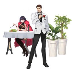 Rule 34 | 1boy, 1girl, absurdres, alcohol, black dress, black hair, black pants, black shirt, black thighhighs, blue eyes, blunt bangs, bob cut, boutonniere, bow, bowtie, bracelet, brown hair, chair, champagne, champagne bottle, cloak, counter:side, cup, dress, drinking glass, elbows on table, flower, food, fork, fruit, fur cloak, grapes, gun, hand in pocket, hand on own arm, handgun, high heels, highres, holding, holding fork, holding gun, holding weapon, jacket, jewelry, john mason, lettuce, looking at another, looking at viewer, official alternate costume, official art, oxfords, pants, pistol, plant, planter, potted plant, purple eyes, red flower, red rose, rose, round table, salad, shirt, short hair, sitting, sleeveless, sleeveless dress, standing, table, tablecloth, tachi-e, thighhighs, tomato, tomato slice, transparent background, tuxedo, weapon, white bow, white bowtie, white jacket, zhang wei (counter:side)