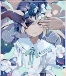 Rule 34 | 1girl, 2others, black eyes, blush, bow, bowtie, covering another&#039;s eyes, dot nose, flower, ghost, green bow, green bowtie, green flower, green ribbon, grey hair, hair flower, hair ornament, hair ribbon, highres, long sleeves, looking at viewer, multiple others, original, out of frame, ribbon, sailor collar, shirt, short hair, solo focus, toasu, tongue, tongue out, upper body, white flower, white sailor collar, white shirt