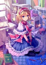 Rule 34 | 1girl, alice margatroid, between legs, black pantyhose, blue dress, blue eyes, blueprint (object), book, bow, capelet, choker, dress, frilled bow, frills, hair between eyes, hand between legs, headdress, highres, indoors, layered dress, long hair, mechrailgun, pantyhose, red bow, red neckwear, short hair, sitting, solo, touhou, wariza, white capelet, wrist cuffs