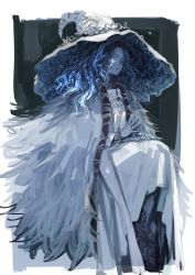Rule 34 | 1girl, absurdres, blue eyes, blue hair, blue skin, cape, cloak, colored skin, cracked skin, dress, elden ring, extra arms, extra faces, fur cape, fur cloak, hat, hat ornament, highres, ikuhana niiro, large hat, ranni the witch, robe, sitting, white background, witch, witch hat