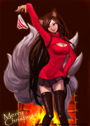 Rule 34 | 1girl, :p, ahri (league of legends), animal ears, arm up, artist name, black hair, black skirt, black thighhighs, breasts, brown background, brown hair, cleavage, cleavage cutout, clothing cutout, contrapposto, dropping, email address, fate/stay night, fate (series), female focus, fire, fireplace, fox ears, fox tail, hand on own hip, head tilt, kim yj, league of legends, lips, long hair, long sleeves, meme attire, merry christmas, multiple tails, nail polish, open-chest sweater, panties, pink eyes, pleated skirt, purple eyes, red nails, red panties, ribbed sweater, skirt, smile, solo, standing, striped clothes, striped panties, sweater, tail, thighhighs, tohsaka rin, tongue, tongue out, turtleneck, underwear, unworn panties, very long hair, watermark, zettai ryouiki