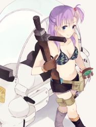 Rule 34 | 1girl, 234, 234 (1234!), bad id, bad pixiv id, bag, bikini, bikini top only, blue eyes, boots, brown gloves, bulma, camouflage, camouflage bikini, denim, denim shorts, dragon ball, from above, gloves, gradient background, gun, hair tie, holding, holding gun, holding weapon, holster, hover bike, navel, pouch, purple hair, radar, short shorts, shorts, side ponytail, solo, stomach, swimsuit, thigh holster, vehicle, weapon