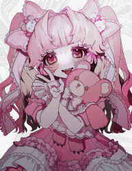 Rule 34 | 1girl, absurdres, blush, bow, child, dress, grey background, hair bow, highres, holding, holding stuffed toy, long hair, multicolored background, numata zombie, open mouth, original, pale skin, pink bow, pink dress, pink eyes, pink hair, pink theme, solo, stuffed animal, stuffed toy, teddy bear, teddy bear hair ornament, tongue, tongue out, twintails, v, white background