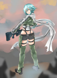 Rule 34 | 1girl, aqua eyes, aqua hair, ass, breasts, butt crack, chaps, from behind, gun, hair ornament, hairclip, highres, holding, holding weapon, looking at viewer, looking back, nogami aki, rifle, scarf, short hair, short shorts, shorts, sinon, sniper rifle, solo, sword art online, weapon