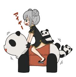 Rule 34 | 1girl, :o, animal, black dress, black footwear, black gloves, blue eyes, blush stickers, china dress, chinese clothes, commentary request, double bun, dress, from side, gloves, grey hair, hair bun, highres, kiddie ride, open mouth, original, panda, profile, shoes, short eyebrows, short sleeves, simple background, solo, thick eyebrows, translation request, white background, yukimoto shuuji (gurigura)