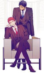 2boys a_jou akashi_seijuurou alternate_costume aomine_daiki arm_support black_footwear black_pants black_suit black_vest blue_hair blue_necktie buttons chair collared_shirt commentary_request crossed_legs dark-skinned_male dark_skin dress_shoes elbow_rest formal_clothes head_rest highres jacket kuroko_no_basuke lapels layered_clothes layered_sleeves long_sleeves looking_at_viewer looking_to_the_side male_focus multiple_boys necktie on_chair open_clothes open_jacket orange_eyes palmar_flexion pants parted_lips red_hair red_necktie shirt short_hair sideways_glance sitting standing suit suit_jacket vest white_shirt wing_collar