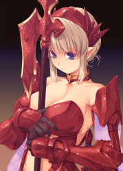 Rule 34 | 1girl, armor, bare shoulders, bikini armor, blonde hair, blue eyes, breasts, cleavage, elf, female focus, gauntlets, gradient background, hairband, halberd, highres, jewelry, kirishima satoshi, large breasts, looking at viewer, neck ring, pauldrons, pointy ears, polearm, short hair, shoulder armor, solo, strapless, upper body, weapon