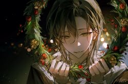 Rule 34 | 1boy, black hair, blurry, blurry background, city lights, green eyes, highres, holding holly, holly, jacket, ji34976561, leonard mitchell, looking at viewer, lord of the mysteries, medium hair, outdoors, parted lips, shaded face, signature, smile, solo, teeth