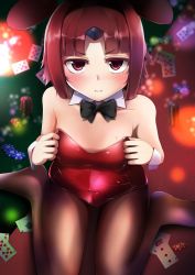Rule 34 | 1girl, ace (playing card), ace of spades, animal ears, benienma (fate), blush, bow, bowtie, breasts, card, casino card table, detached collar, fake animal ears, fate/grand order, fate (series), highres, kuro yanagi, leotard, pantyhose, playboy bunny, playing card, rabbit ears, sitting, small breasts, solo, spade (shape), sweat, table, wariza, wrist cuffs