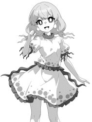 Rule 34 | 1girl, :d, blouse, ebisu eika, feet out of frame, flat chest, frilled skirt, frills, greyscale, highres, long earlobes, medium hair, monochrome, onkn sxkn, open mouth, puffy short sleeves, puffy sleeves, shirt, short sleeves, skirt, skirt set, smile, solo, touhou, upper body