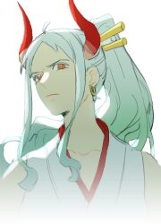Rule 34 | 1girl, earrings, green hair, hair ornament, horns, japanese clothes, jewelry, kimono, long hair, looking at viewer, multicolored hair, one piece, orange eyes, ponytail, raine (acke2445), red horns, sidelocks, sleeveless, sleeveless kimono, solo, upper body, white hair, yamato (one piece)