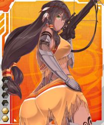 Rule 34 | 00s, 1girl, arm tattoo, ass, back, back tattoo, black hair, bow (weapon), breasts, card (medium), card (orange-r), card (r), crossbow, dark-skinned female, dark skin, female focus, fringe trim, garter straps, gauntlets, green eyes, gun, holding, holding weapon, large breasts, leg tattoo, lilith-soft, long hair, looking at viewer, looking back, miniskirt, moon wolf (taimanin asagi), native american, neropaso, one eye closed, panties, pantyshot, revealing clothes, scope, shoulder tattoo, sight (weapon), skirt, solo, tagme, taimanin (series), taimanin asagi, taimanin asagi battle arena all card gallery, taimanin asagi kessen arena, tattoo, telescopic sight, tramp stamp, underwear, very long hair, war paint, weapon, wink