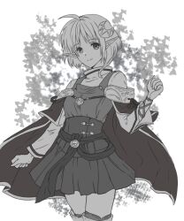 Rule 34 | 1girl, ahoge, akira (kanadomeakira62), cape, closed mouth, crescent, crescent hair ornament, greyscale, hair ornament, looking at viewer, monochrome, pointy ears, red cape, rena lanford, short hair, skirt, smile, solo, star ocean, star ocean the second story, thighhighs