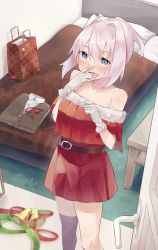 Rule 34 | 1girl, bed, bed sheet, bell, belt, belt buckle, black thighhighs, blanket, blue eyes, blush, brown belt, buckle, christmas, collarbone, gloves, hair between eyes, highres, kantai collection, open mouth, pillow, pink hair, ponytail, santa costume, shiranui (kancolle), short hair, short sleeves, single thighhigh, solo, thighhighs, u yuz xx, white gloves