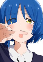 Rule 34 | 1girl, blue hair, bocchi the rock!, highres, looking at viewer, middle finger, mole, mole under eye, open mouth, portrait, sakura 1110ssmm, short hair, simple background, solo, tongue, tongue out, white background, yamada ryo, yellow eyes