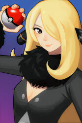 Rule 34 | 1girl, absurdres, blonde hair, blue background, breasts, cleavage, cometeau, creatures (company), cynthia (pokemon), game freak, gradient background, grey eyes, hair over one eye, hand up, highres, holding, holding poke ball, looking at viewer, nintendo, poke ball, poke ball (basic), pokemon, pokemon dppt, purple background, smile, two-tone background, upper body