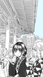 Rule 34 | 2girls, :3, :d, :t, ahoge, alternate hairstyle, architecture, blunt bangs, blush, bob cut, braid, building, chewing, closed mouth, dango, day, dot nose, earrings, eating, eye contact, floral print, flower, flower earrings, food, from side, greyscale, hair behind ear, hair flower, hair ornament, hair over shoulder, hand up, hatching (texture), highres, holding, holding food, holding skewer, idol x idol story!, japanese clothes, jewelry, kanzashi, kimono, linear hatching, long hair, long sleeves, looking at another, looking to the side, low twintails, monochrome, multiple girls, nagisa mimi, nanakusa ibuki, obi, obiage, obijime, official art, open mouth, outdoors, parted lips, people, pointing, print kimono, profile, sash, scenery, shade, short hair, skewer, skyscraper, smile, spot color, stud earrings, thick eyebrows, tokunou shoutarou, tsumami kanzashi, twin braids, twintails, upper body, uroko (pattern), wagashi, wide sleeves