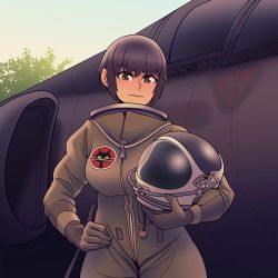 Rule 34 | 1girl, absurdres, aircraft, airplane, black hair, blue sky, brown eyes, closed mouth, fighter jet, hair between eyes, hat, helmet, highres, jet, looking at viewer, military, military hat, military uniform, military vehicle, mole, mole under mouth, original, outdoors, short hair, sky, solo, uniform, willy pete