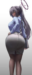 Rule 34 | 1girl, ass, black hair, blue archive, blue shirt, blush, book, breasts, collared shirt, dark-skinned female, dark skin, from behind, grey background, grey skirt, halo, hand on own hip, highres, holding, holding book, karin (blue archive), large breasts, long hair, looking at viewer, looking back, office lady, pantyhose, parted lips, pencil skirt, ponytail, shirt, shirt tucked in, silver bullet (ecc12 8), simple background, skirt, solo, sweatdrop, very dark skin, wide hips, yellow eyes