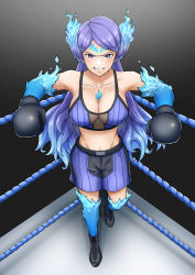 Rule 34 | 1girl, absurdres, angry, arena, bare shoulders, black footwear, blue eyes, blue fire, blue hair, blue shirt, blue shorts, blue thighhighs, boots, boxing gloves, breasts, brighid (xenoblade), cleavage, commission, fire, highres, long hair, looking at viewer, navel, open mouth, shirt, shorts, sleeveless, sleeveless shirt, solo, teeth, thighhighs, xenoblade chronicles (series), xenoblade chronicles 2, you nf