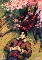 Rule 34 | 2boys, bad id, bad tumblr id, bara, black hair, blonde hair, brown pants, cherry blossoms, couple, cris art, feet out of frame, from above, hulkling, interlocked fingers, layered shirt, long sideburns, looking at another, male focus, marvel, multiple boys, own hands together, pants, petals, red shirt, shirt, short hair, sideburns, sleeping, smile, thick eyebrows, wiccan, yaoi