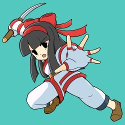 Rule 34 | 1girl, absurdres, ainu clothes, black eyes, black hair, breasts, clenched hand, fingerless gloves, gloves, hair ribbon, highres, legs, long hair, nakoruru, pants, ribbon, samurai spirits, small breasts, snk, the king of fighters, thighs, weapon